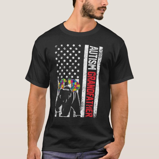 American Flag Grandfather Bear Autism Awareness Fa T-Shirt (Front)