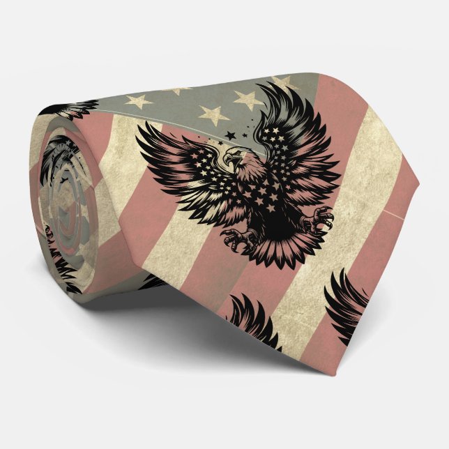 American Flag Grunge Bald Eagle Patriotic  Tie (Rolled)