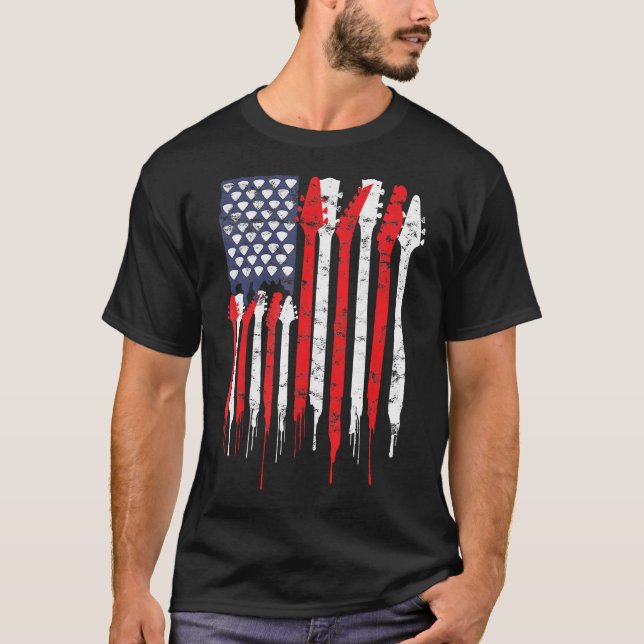 American Flag Guitar Red White Patriotic Music Lov T-Shirt (Front)