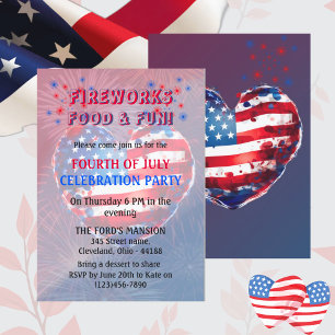American Flag Heart & Fireworks July Fourth Party Invitation