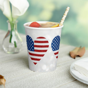 American Flag Heart July 4th Glitter Paper Cups
