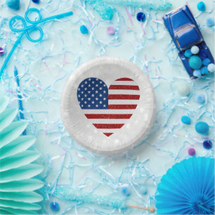 American Flag Heart July 4th Glitter Paper Plate