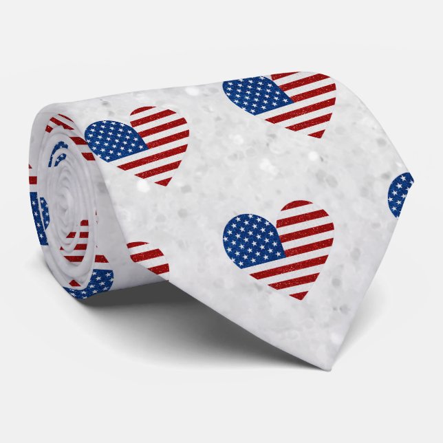 American Flag Heart July 4th Glitter Tie (Rolled)