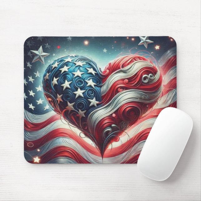 American Flag Heart Mouse Pad – Patriotic Desktop  (With Mouse)