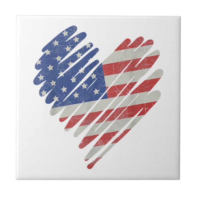 American Flag Heart Red White Blue Cute 4th of Jul Ceramic Tile (Front)
