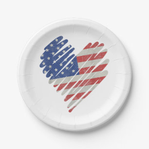 American Flag Heart Red White Blue Cute 4th of Jul Paper Plate