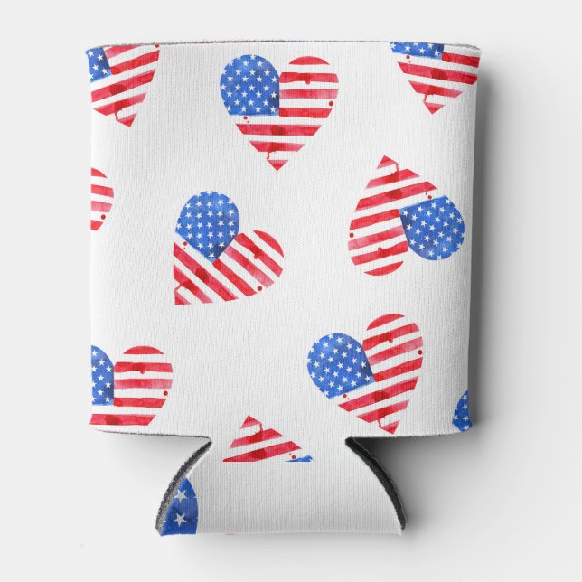 American Flag Hearts Watercolor Seamless. Can Cooler (Front)