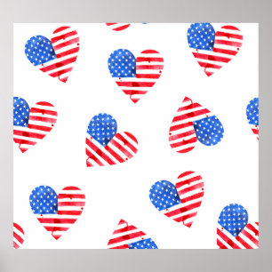 American Flag Hearts Watercolor Seamless. Poster
