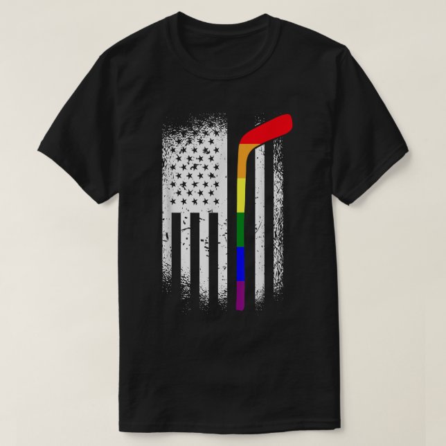 American Flag Hockey LGBT-Q Rainbow Gay Pride Ally T-Shirt (Design Front)