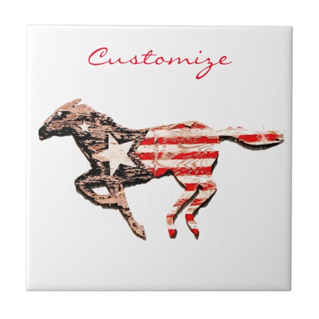 American Flag Horse Running Thunder_Cove Ceramic Tile (Front)