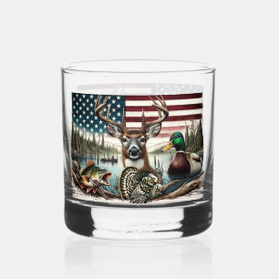 American Flag Hunting and Fishing Themed Whiskey Glass