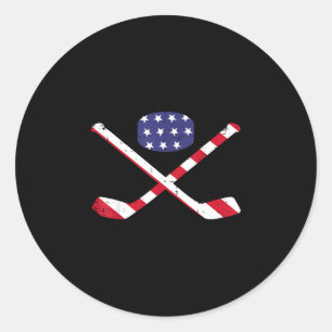 American flag ice hockey stick puck vintage classic round sticker