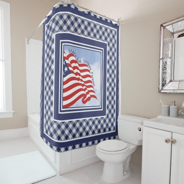 American Flag Illustration Red White Blue | Checks Shower Curtain (In Situ)