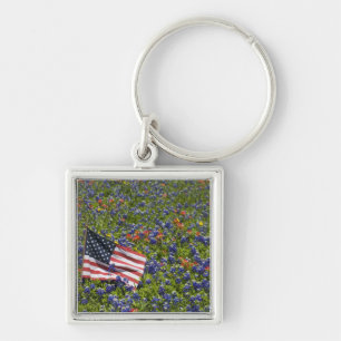 American Flag in field of Blue Bonnets, 2 Key Ring