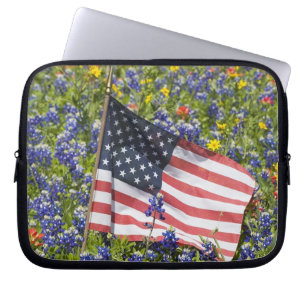 American Flag in field of Blue Bonnets, Laptop Sleeve