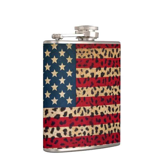 American Flag in Leopard Spot Print Design Hip Flask (Right)