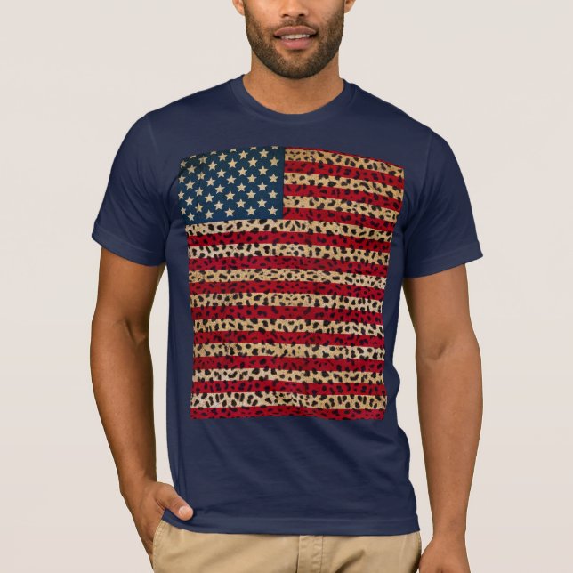 American Flag in Leopard Spot Print Design T-Shirt (Front)
