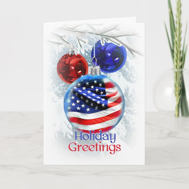 American Flag in Patriotic Christmas Ornament Holiday Card (Front)