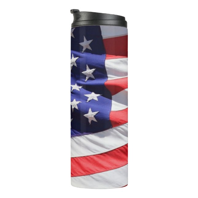American Flag in the Wind Waving Banner Thermal Tumbler (Rotated Right)