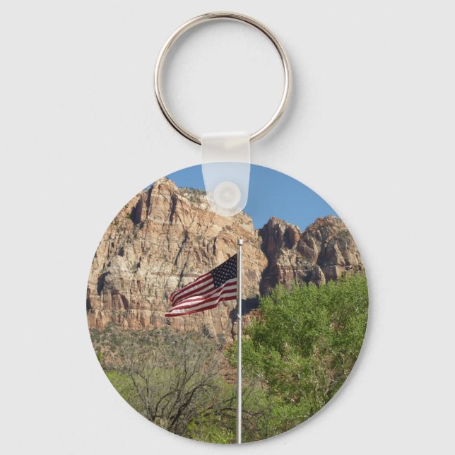American Flag in Zion National Park II Key Ring (Front)