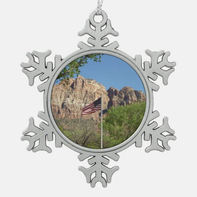 American Flag in Zion National Park II Snowflake Pewter Christmas Ornament (Front)