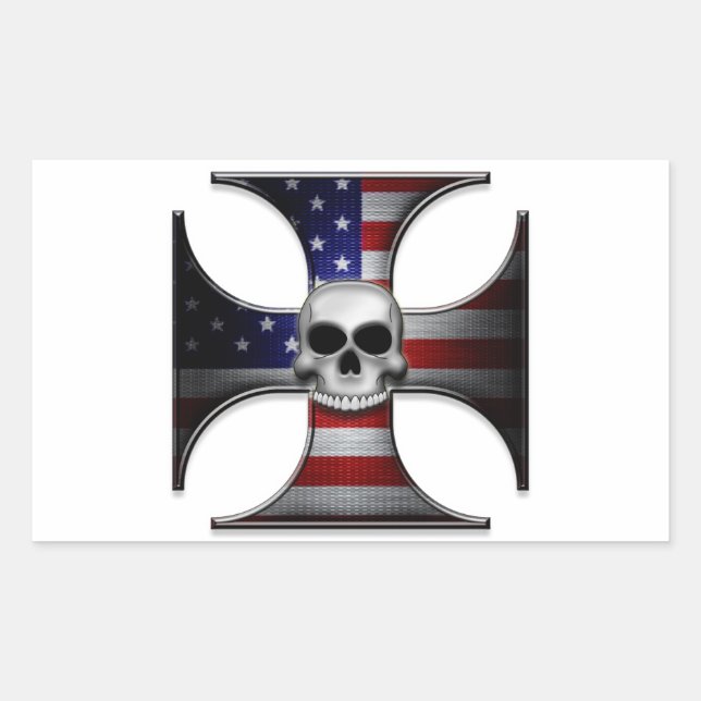 American Flag Iron Cross with Skull Rectangular Sticker (Front)
