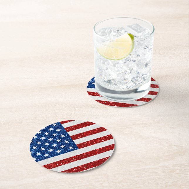 American Flag July 4th Glitter Round Paper Coaster (Insitu)