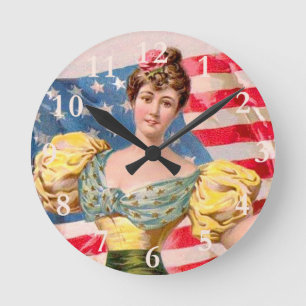 American Flag Lady Liberty Independence Round Clock