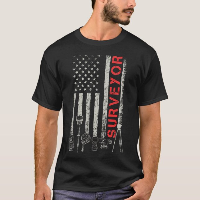 American flag land Surveyor surveying puns enginee T-Shirt (Front)