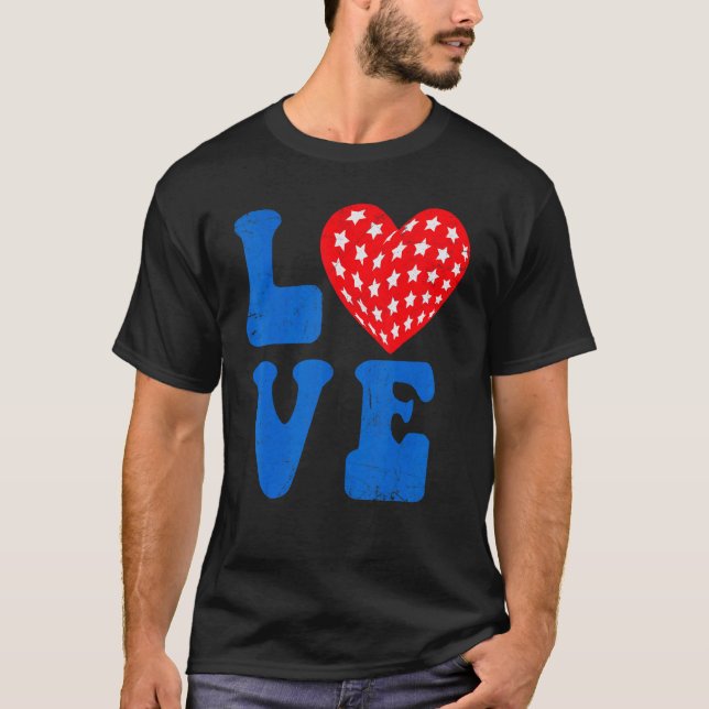 American Flag Love Heart Red Blue 4th Of July Patr T-Shirt (Front)