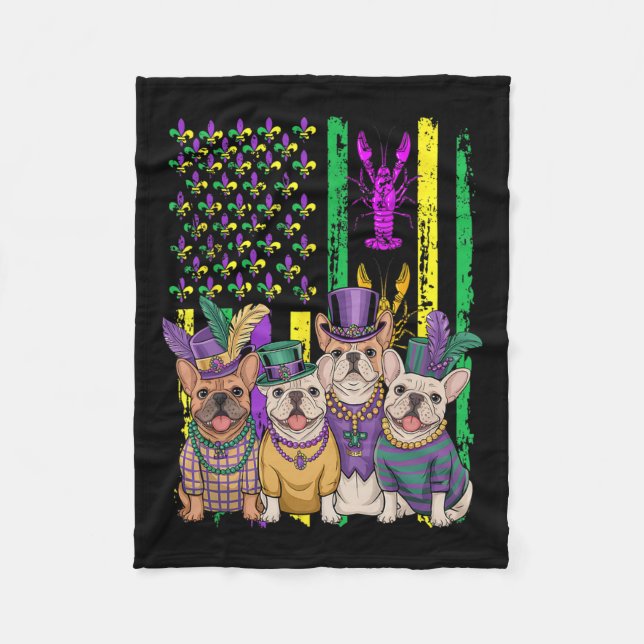 American Flag Mardi Gras French Bulldog Dog Festiv Fleece Blanket (Front)