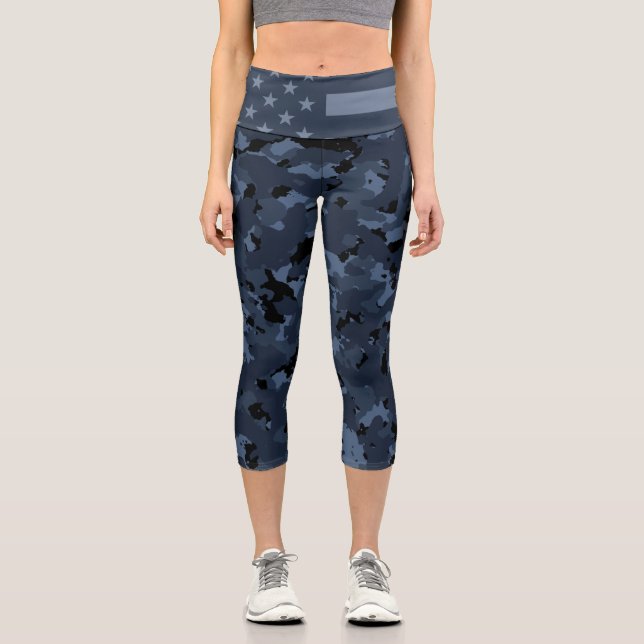 American Flag Military Night Camo Capri Leggings (Front)