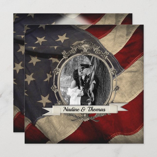American Flag Military Wedding w Photograph Invitation (Front/Back)