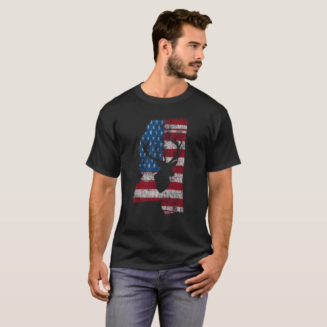 American Flag Mississippi Deer Hunting Distressed T-Shirt (Front Full)