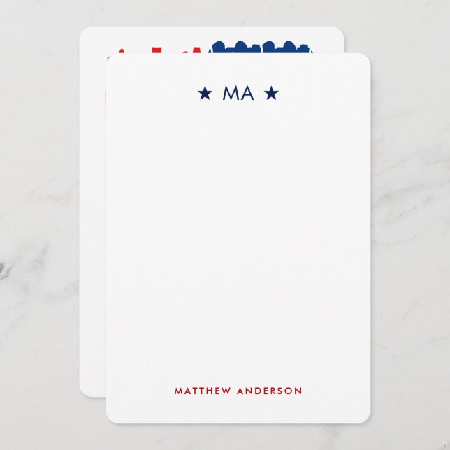 American Flag Monogram & Name Personal Stationery Card (Front/Back)