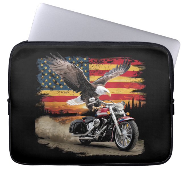 American Flag Motorcycle Tshirt USA Flag Biker Ret Laptop Sleeve (Front)