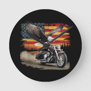American Flag Motorcycle Tshirt USA Flag Biker Ret Round Clock