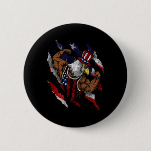 American Flag Muscular Bald Eagle Bike Flexing Unc 6 Cm Round Badge