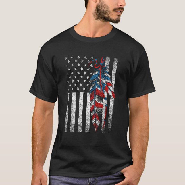 American Flag Native Feather Pride Month Indigenou T-Shirt (Front)