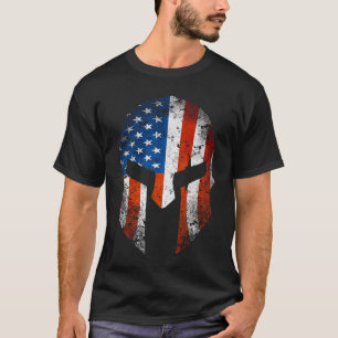American Flag On A Spartan Helmet Distressed T-Shirt