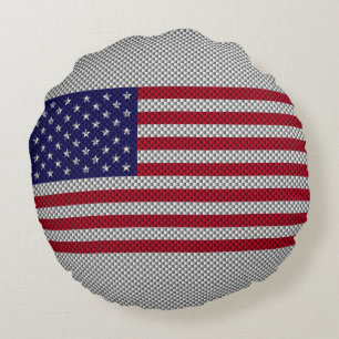 American Flag on Carbon Fibre Style Print Round Cushion