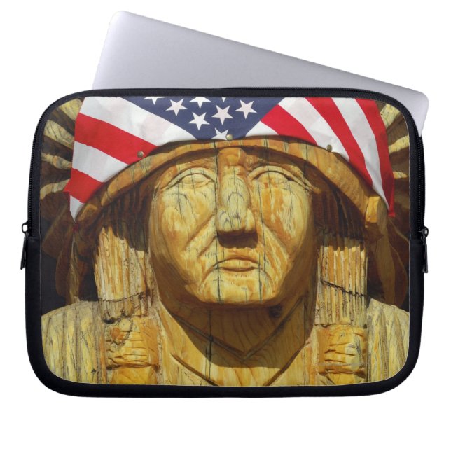 American Flag on Carving of Native American, Laptop Sleeve (Front)