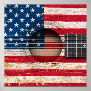 American Flag on Old Acoustic Guitar Poster