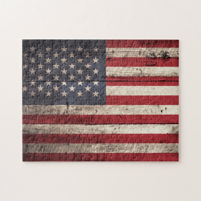 American Flag on Old Wood Grain Jigsaw Puzzle (Horizontal)