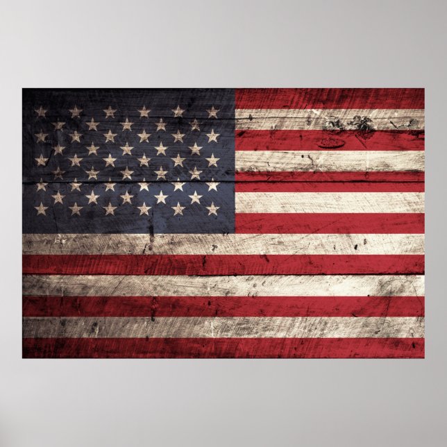 American Flag on Old Wood Grain Poster (Front)