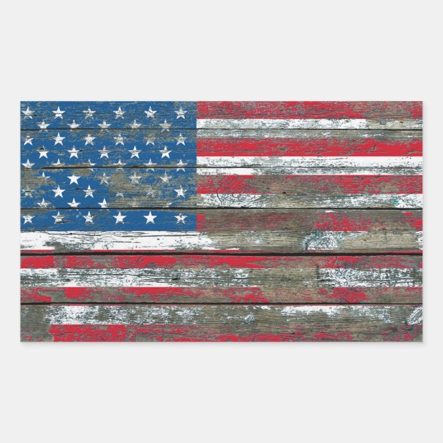 American Flag on Rough Wood Boards Effect Rectangular Sticker (Front)