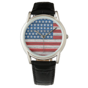 American Flag On Weathered Wood Grain Pattern Watch