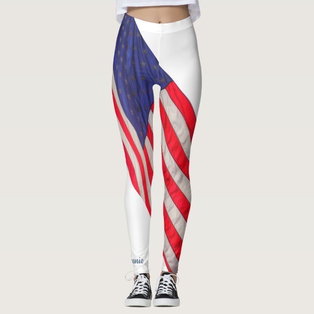 American Flag on White Background w/Name Leggings (Front)
