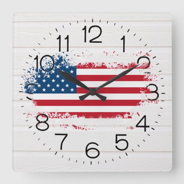 American Flag on White Wood Square Wall Clock (Front)