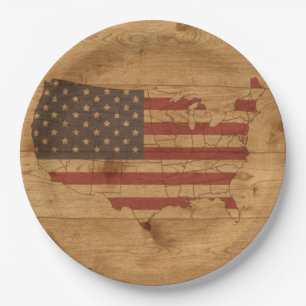 American Flag Over Rustic Wood USA Patriotic Pap Paper Plate